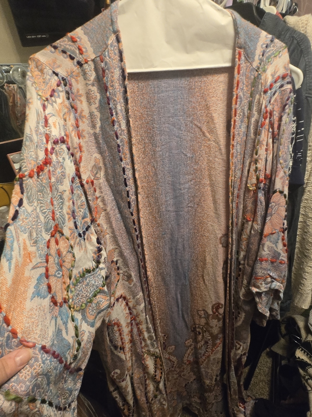 Boho Embroidered Floral Kimono Cardigan in Lavender and Peach